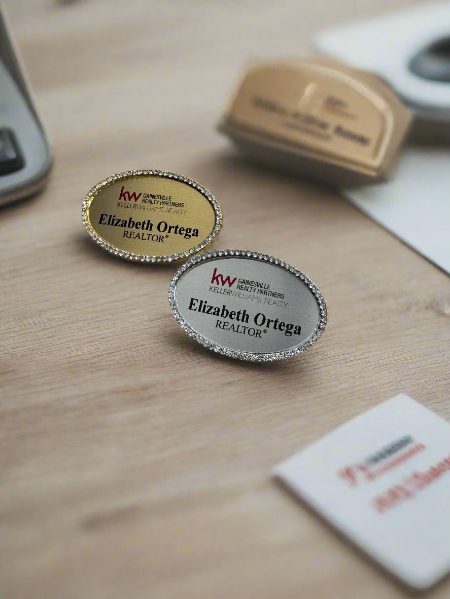 Metal Bling Badge w/ Rhinestones - Name Badges - OvalSilver - Badge Express
