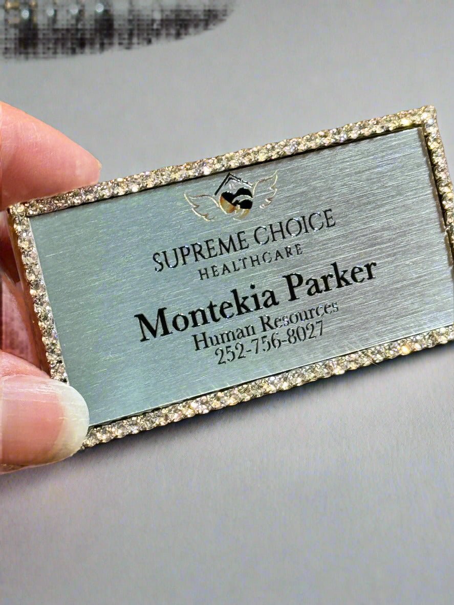 Metal Bling Badge w/ Rhinestones - Name Badges - RectangleSilver - Badge Express