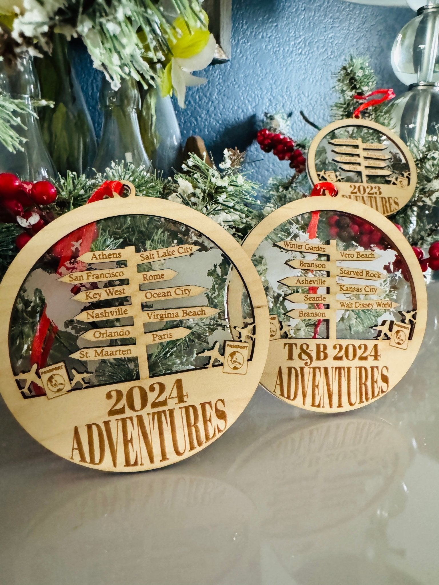 Personalized Travel Ornament - Engraved Wood and Acrylic