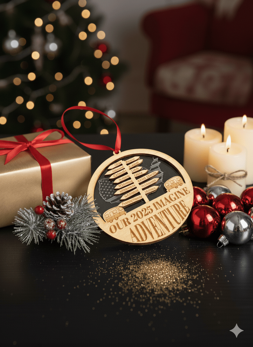 Personalized Travel Ornament - Engraved Wood and Acrylic - Ornament - CampersWorld - Badge Express